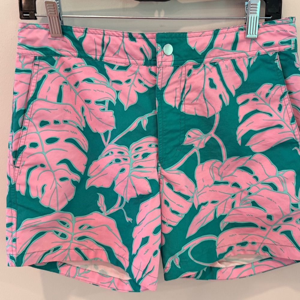 Bonobos Mens 28 Swim Trunks Pink Teal Monstera Tropical Leaf Print 5 Inch Inseam